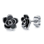 Black Silver Flower Stud Earrings
