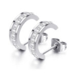 Stainless Steel Half Moon Silver Rhinestone Earrings